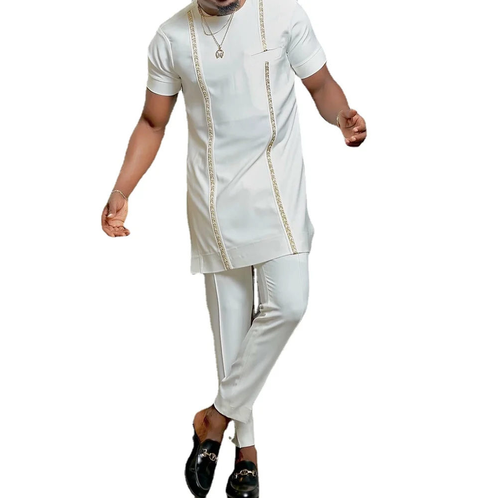 2023 Kaftan Men's Suit 2pcs Set White Ribbon Round Neck Short Sleeve Top Trousers African Ethnic Traditional Male Dress Wedding
