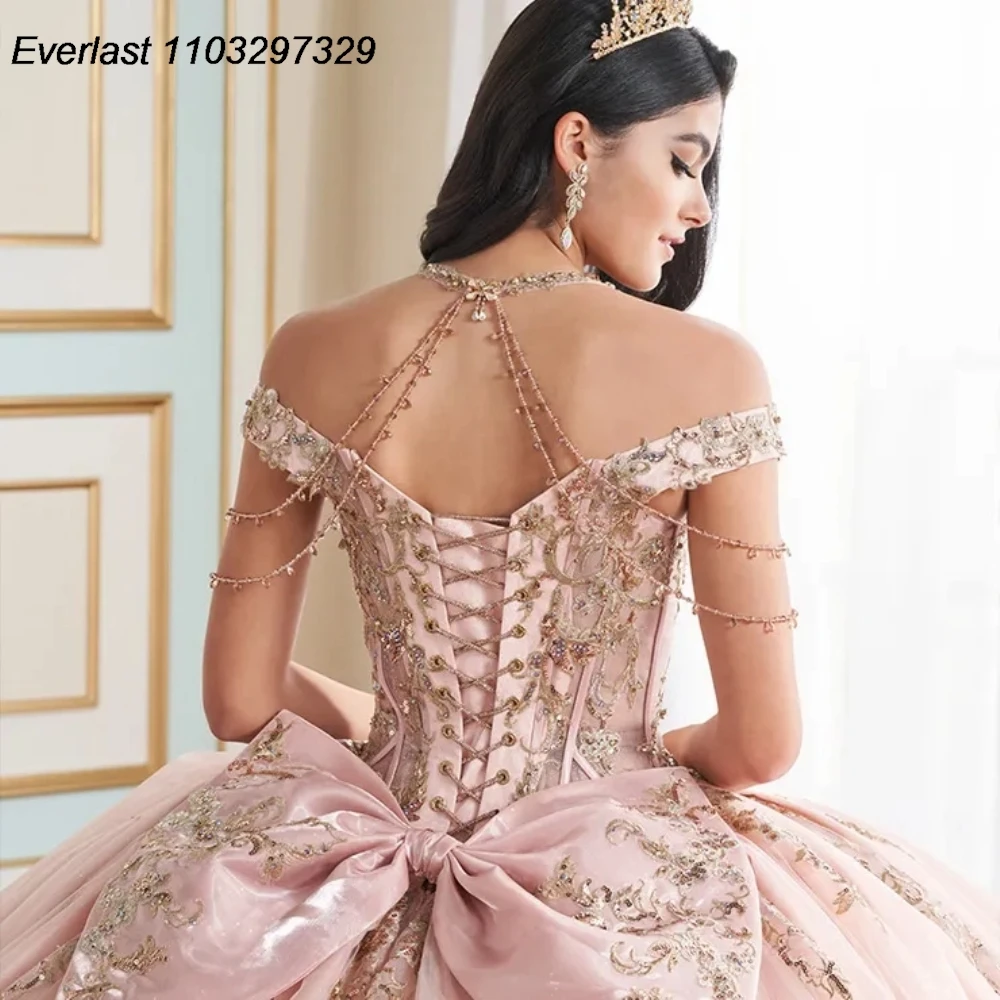 EVLAST Glitter Pink Quinceanera Dress Ball Gown Gold Lace Applique Beaded Bow Corset Sweet 16 Vestidos 15 Anos TQD847