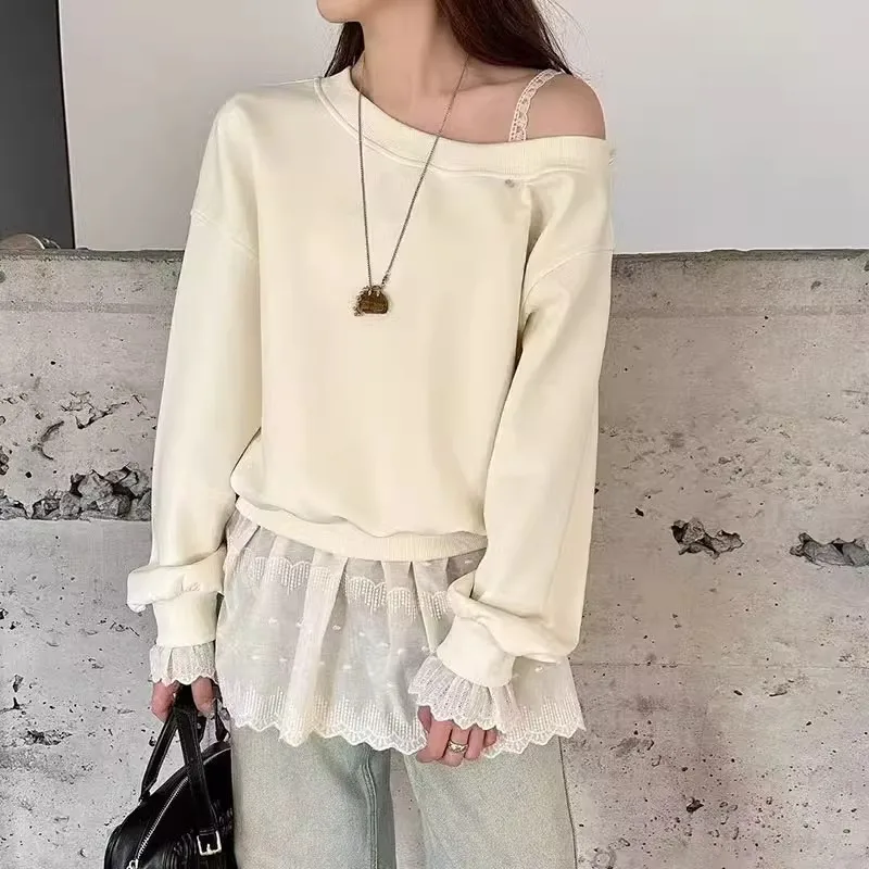 라벨 스타일 루즈핏 봄 가을 긴팔 여성용 레이스 플리츠 세트 스타일리시한 한국 디자인 2025년 봄 여름 신상 일자 목소매 긴팔 여성용 레이스 플리츠 세트