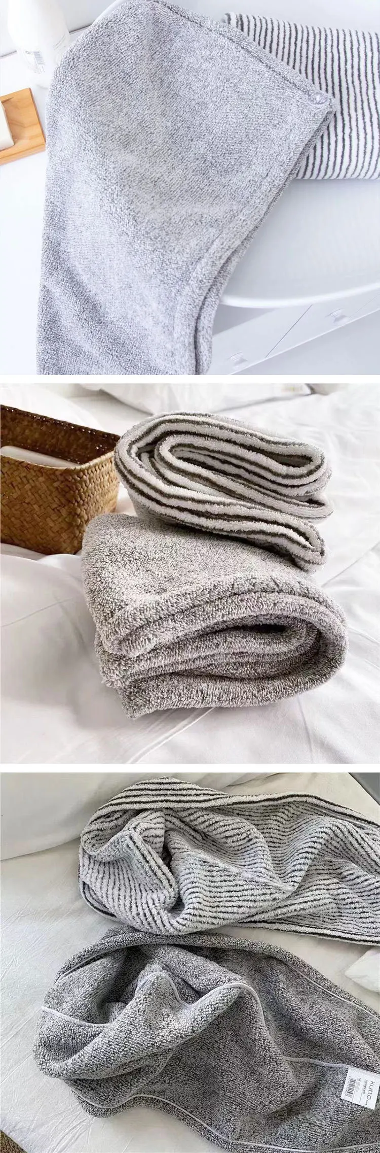 Gray Bamboo Charcoal Dry Hair Caps - Soft Water-Absorbing Shower Towels