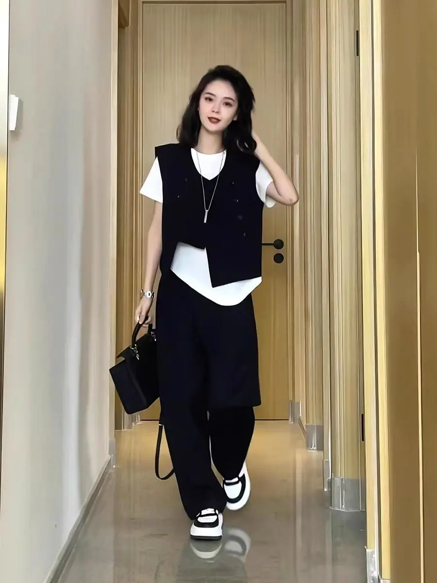 Women Vest Black Double-breasted Vintage Sleeveless Cardigan Cropped Jacket Irregular Coat Office Lady Tank Tops New Vests
