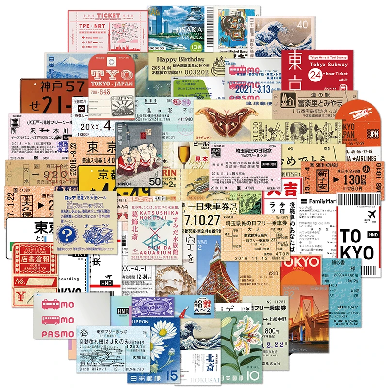 60PCS Japanese ticket INS Style Stationery Travel Bear Diary Luggage Waterproof Helmet Stickers Wholesale