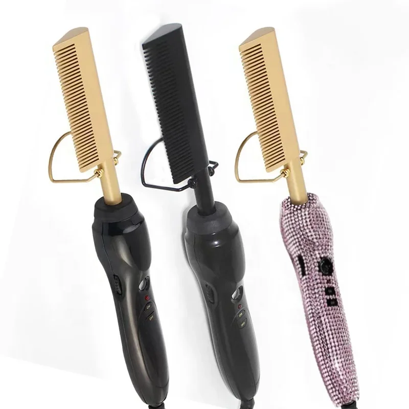 Custom Private Label Diamond Handle Electric Copper Hot Comb High Temperature Hot Hair Straightener for Wet Dry Curly Hair 3