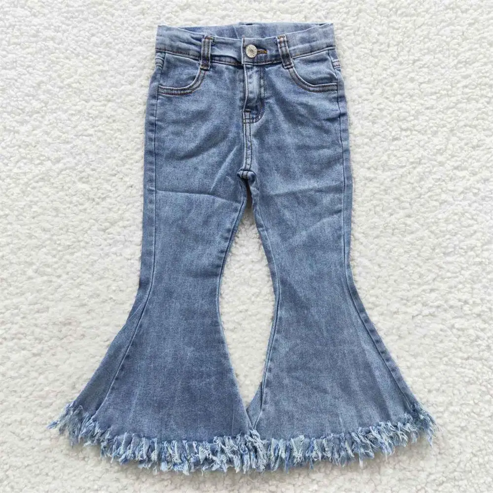 Wholesale Kids Infant Pocket Washed Blue Denim Children Jeans Toddler Zipper Bell Bottom Pants Baby Girl Tassels Trousers