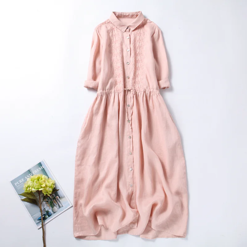 

New Oversized Korea Style Summer Embroidery Shirt Dress Casual Loose Cotton Polo Neck Dresses for Women Ladies Cardigan Dress