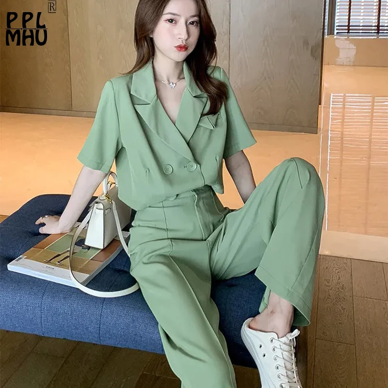 

Korean Fashion Blazer 2 Piece Sets Women Outfits Summer Double Breasted Crop Top Baggy Pants Suit Short Sleeve Conjunto Femenino