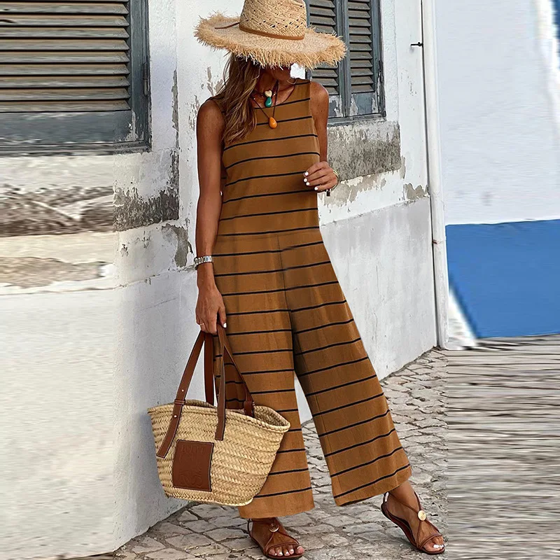 

Summer New Sleeveless Wide Leg Pants Women's Casual Stripe Print High Waist Nine Piece Jumpsuit