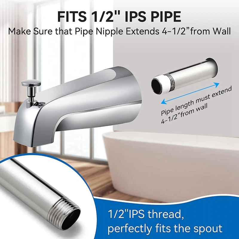 Bathroom Tub Spout,5 1/4 Inches Reach Wall Front Mount With Shower Diverter 1/2In IPS Inside Thread Bathtub Faucet Spout 4