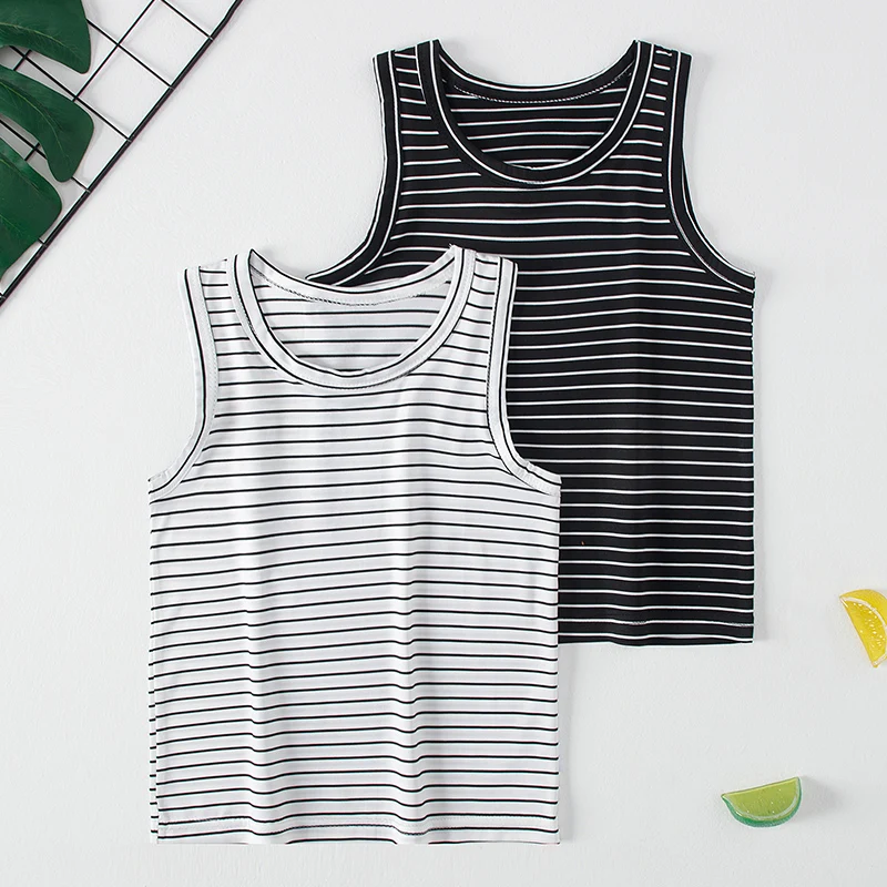 2-Pcs Children's Four Seasons Black And White Striped Vest Boy Leisure Sports Running Top Girl Basic Joker Fashion Bottoming Shi cotton vest sports sleeveless vest cotton sleeveless t shirt