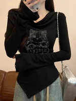 Y2k Cat Long sleeve T-shirt Women Luxury Korean Graphic Off shoulder Top Casual Lady Basic Tees Slim Sexy - Image 6