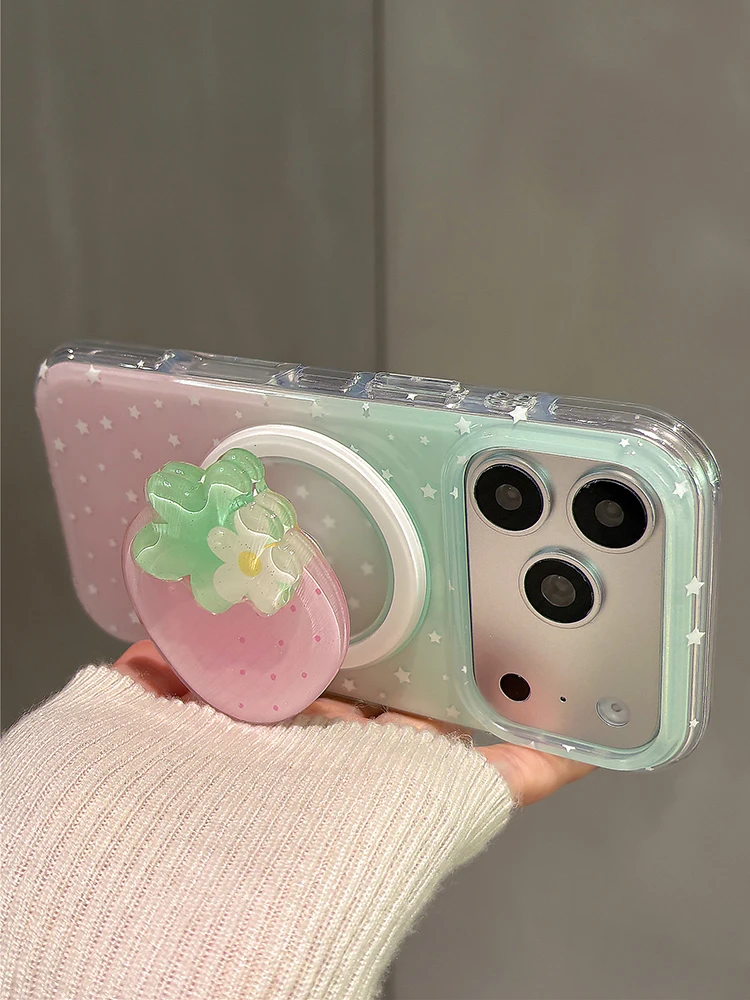 Stylish Strawberry Grip Tok Stand with Gradient Stars and Magnetic Wireless Charging Cover