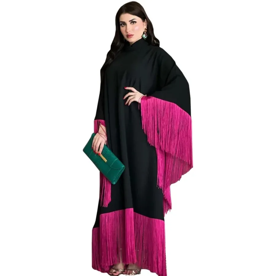 

Plus Size Muslim Dress Women Summer Elegant Muslim Long Sleeve Tassel Kaftan Long Maxi Dress Gowns Abayas for Women Dubai Abaya
