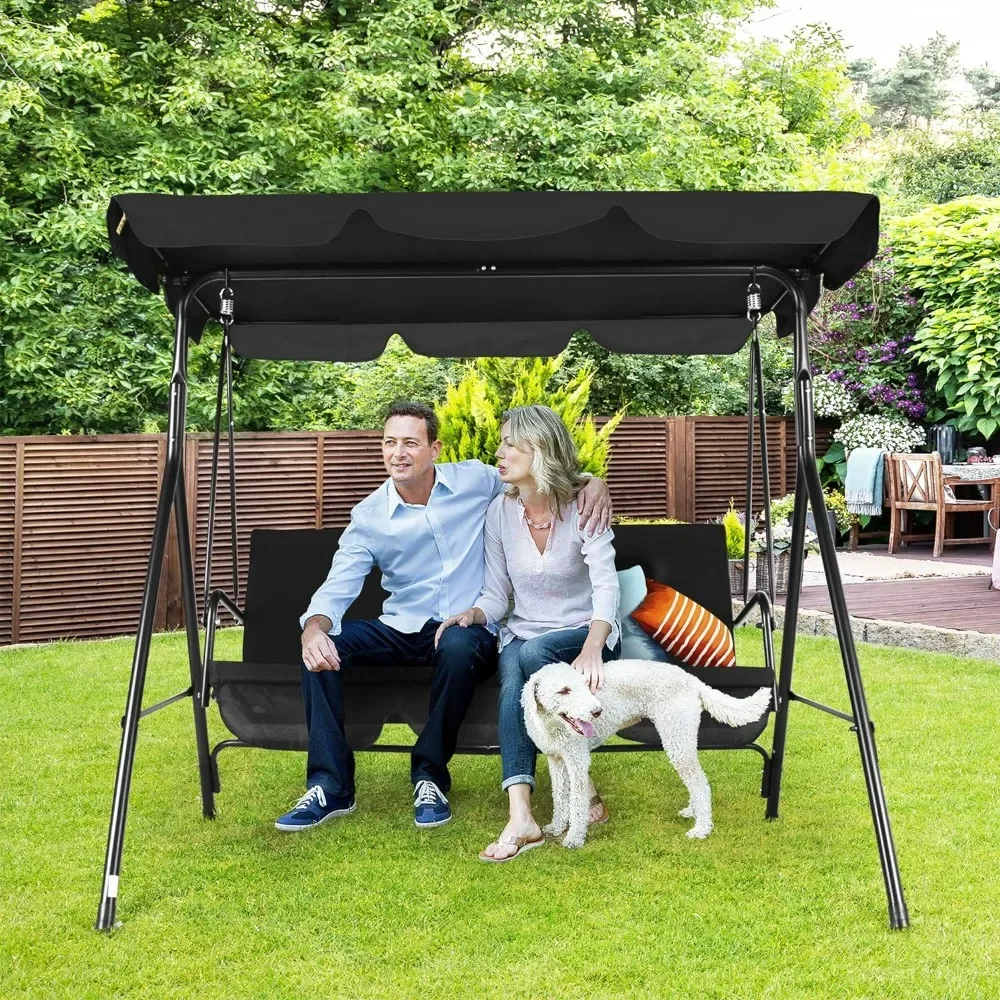 

Outdoor Porch Swing for Patio, Garden, Poolside Black with Adjustable Canopy and Durable Steel Frame, 3-Seat Patio Swing