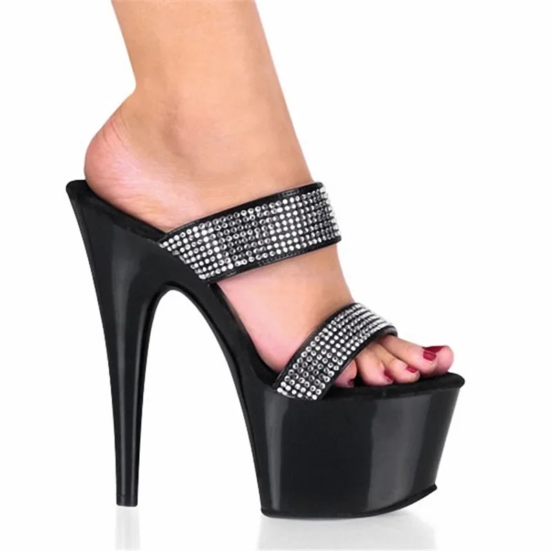 

17cm Stripper Heels Platform Slippers Pole Dance Nightclub Models Show Women Full Dress Party Rhinestone Peep Toe Stage New