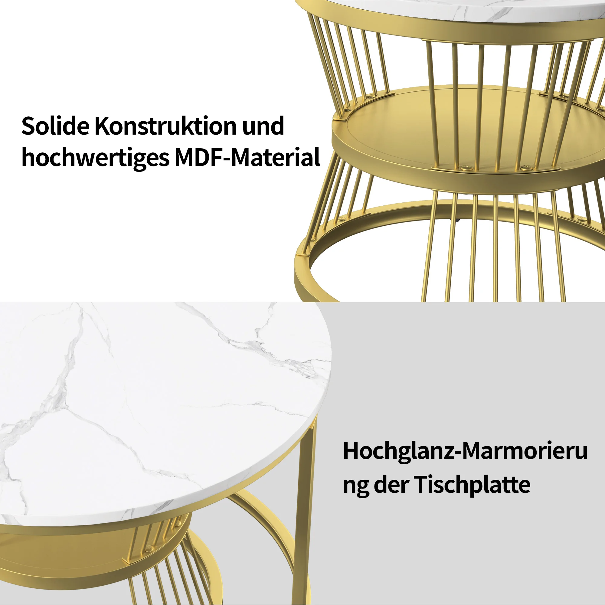 Rosahqnda Marble Look Coffee Table,Round Gold/Black Frame,Set of 2,Modern Living Room Stackable Table,Side Table for Living Room