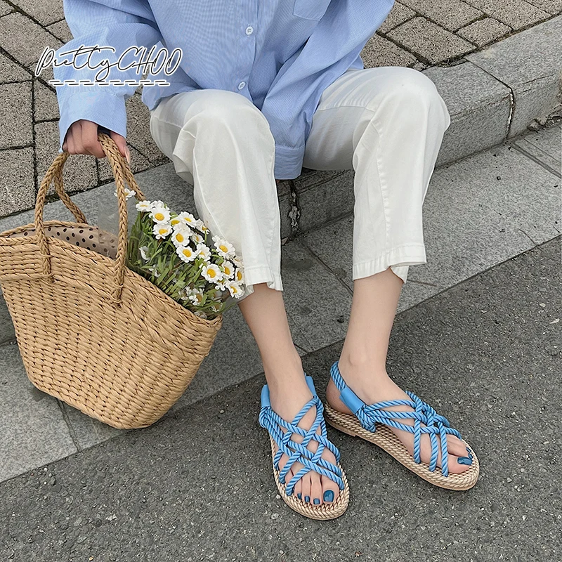 Rainbow Color Rope Sandals Woman Retro Weaved Fishman Sandalias Ladies Sea Blue Beach Slippers Handmade Bohemian Straw Shoes