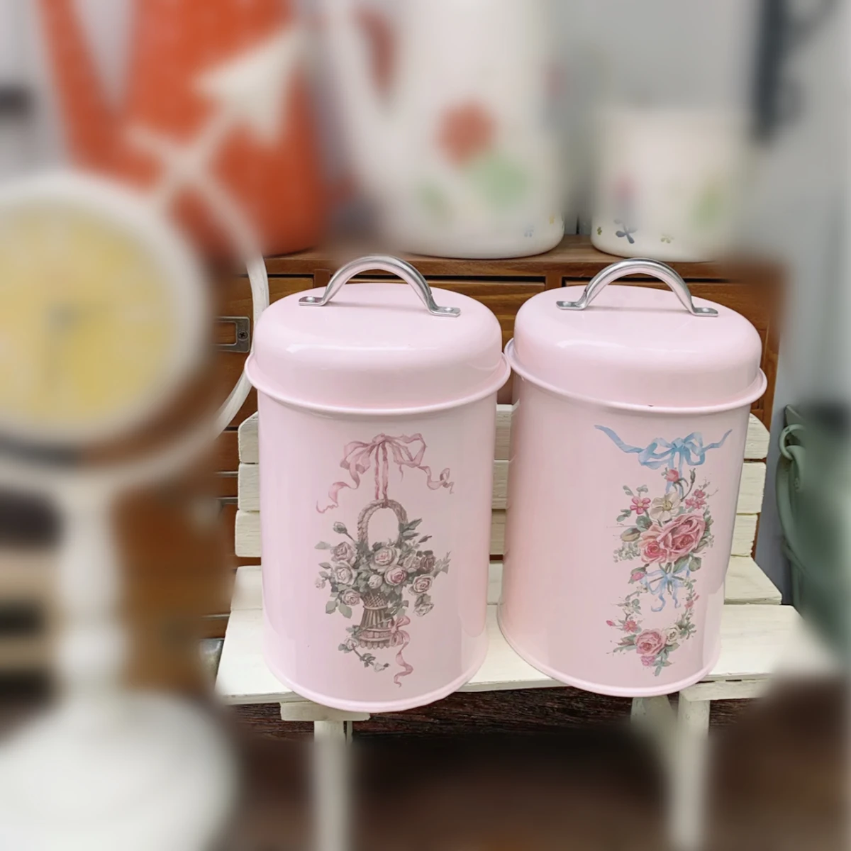 Description Picture 6 of itemCanister Iron Kitchen Tins Tea Coffee Sugar Storage Container Food Storage Boxes Candy Snack Jars Pink Airtight