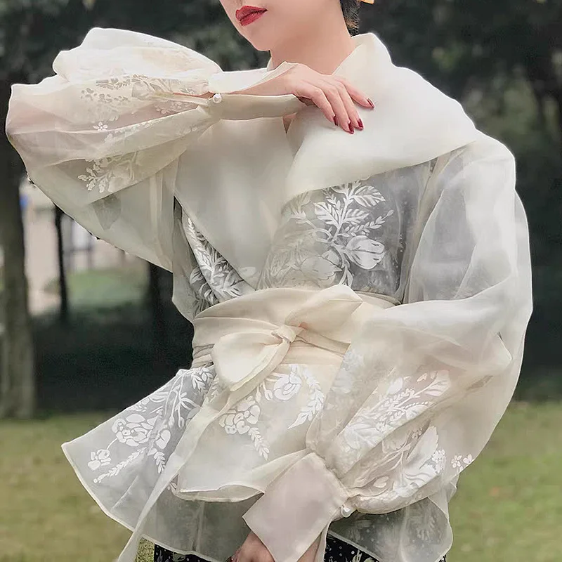 

PASSIONNÉ Women's Blouse V-neck Lantern Long Sleeve High Waist Bandage Shirts Female 2023 Vintage Elegant Fashion Autumn New