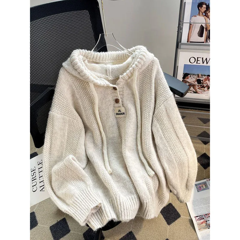 

023 Chic Korea loose Casual Zip Up Knitted Cardigan Women Spring Fashion Hooded Sweater Korean Long Sleeve Knitwear Tops