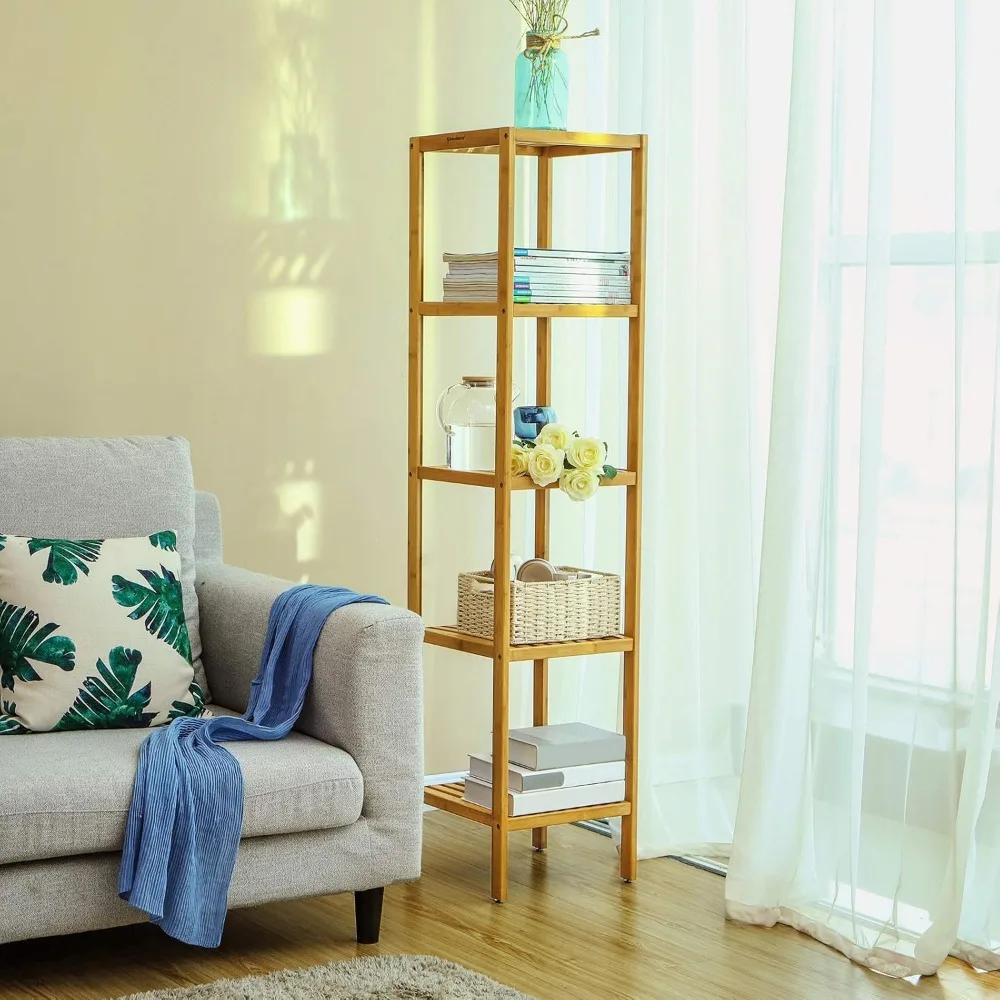 5-Tier Bamboo Bathroom Shelf, Narrow Shelving Unit, Multifunctional Storage Rack, Corner Rack, for Kitchen, Living Room, Bedroom 4