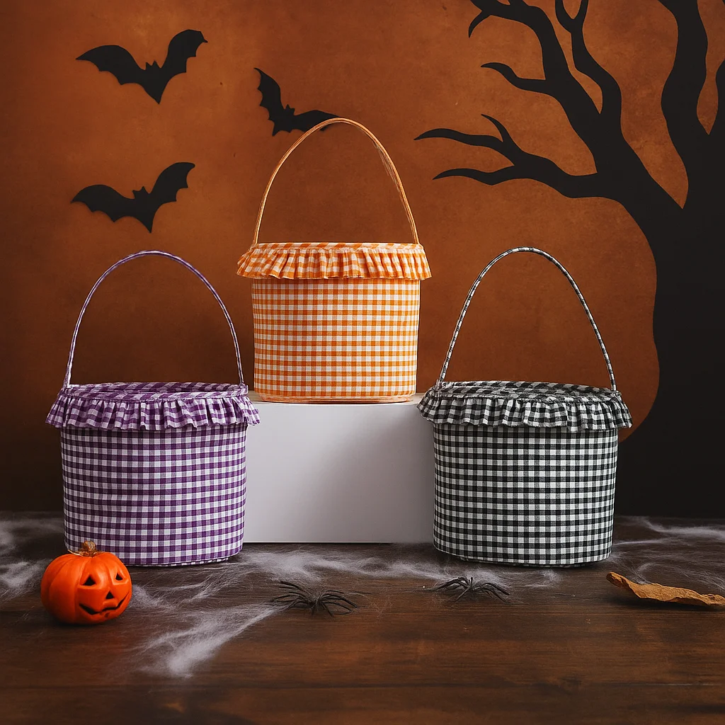 Rüschen kariert Halloween Süßes oder Saures Eimer Süßigkeiten Korb Einkaufstasche für Kinder Home Party Dekoration