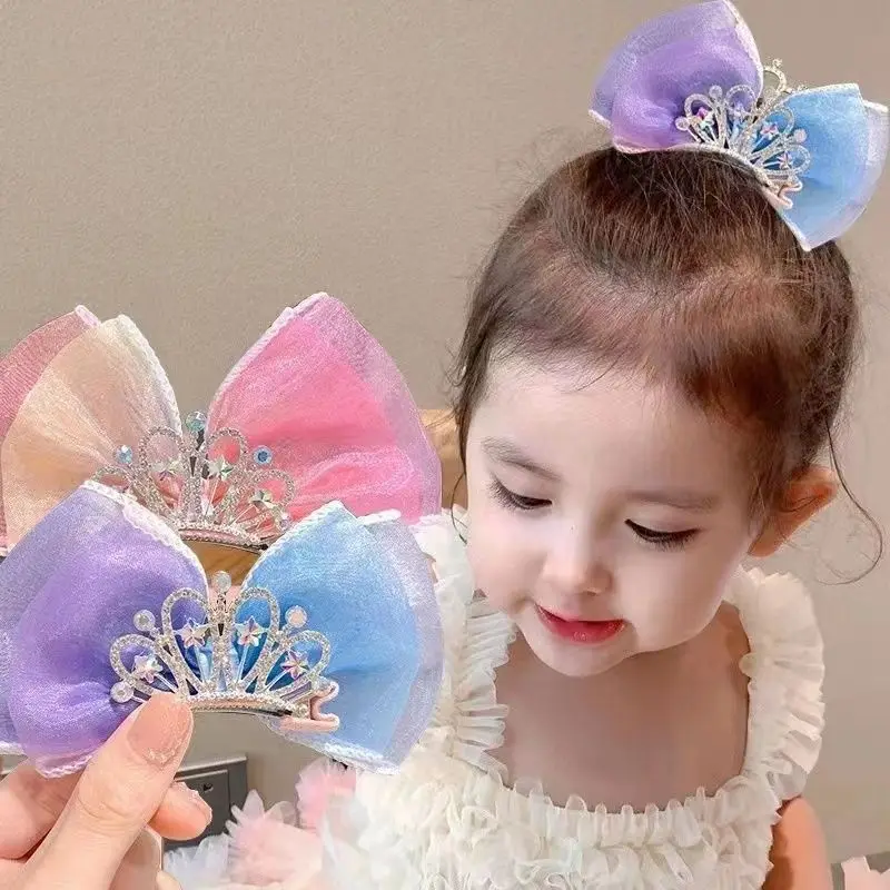 그라데이션 컬러 프린세스 크라운 헤어 클립 파스텔 레인보우 헤어 보우 클립 보..