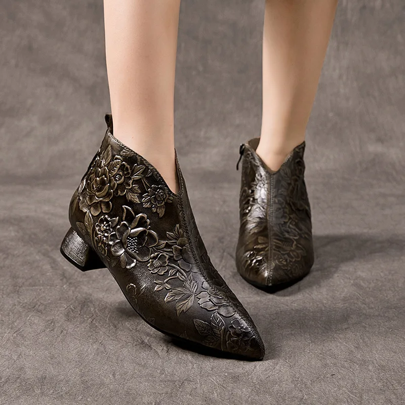 

Embroidery Leather Boots Women Pointed Shoes Low Heels Genuine Leather Ankle Boots for Women Chinese Ancient Style 2023 Brand