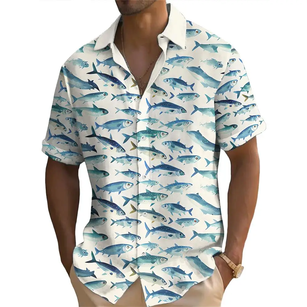 Summer Fashion Ocean Fish Print Men's Short Sleeve Casual Printed Tops Seaside Vacation Travel Wear Oversized Tops 4