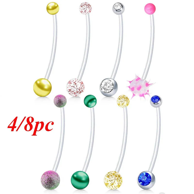 4/8pc Pregnancy Belly Button Rings Long Bar Clear Flexible Navel Stud