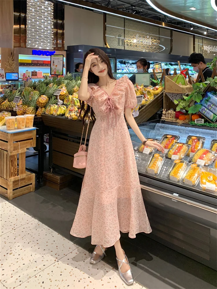 

Женское приталенное платье на завязках, элегантное платье миди с V-образным вырезом, рукавами-фонариками и винтажным принтом в японском стиле, весна 2023