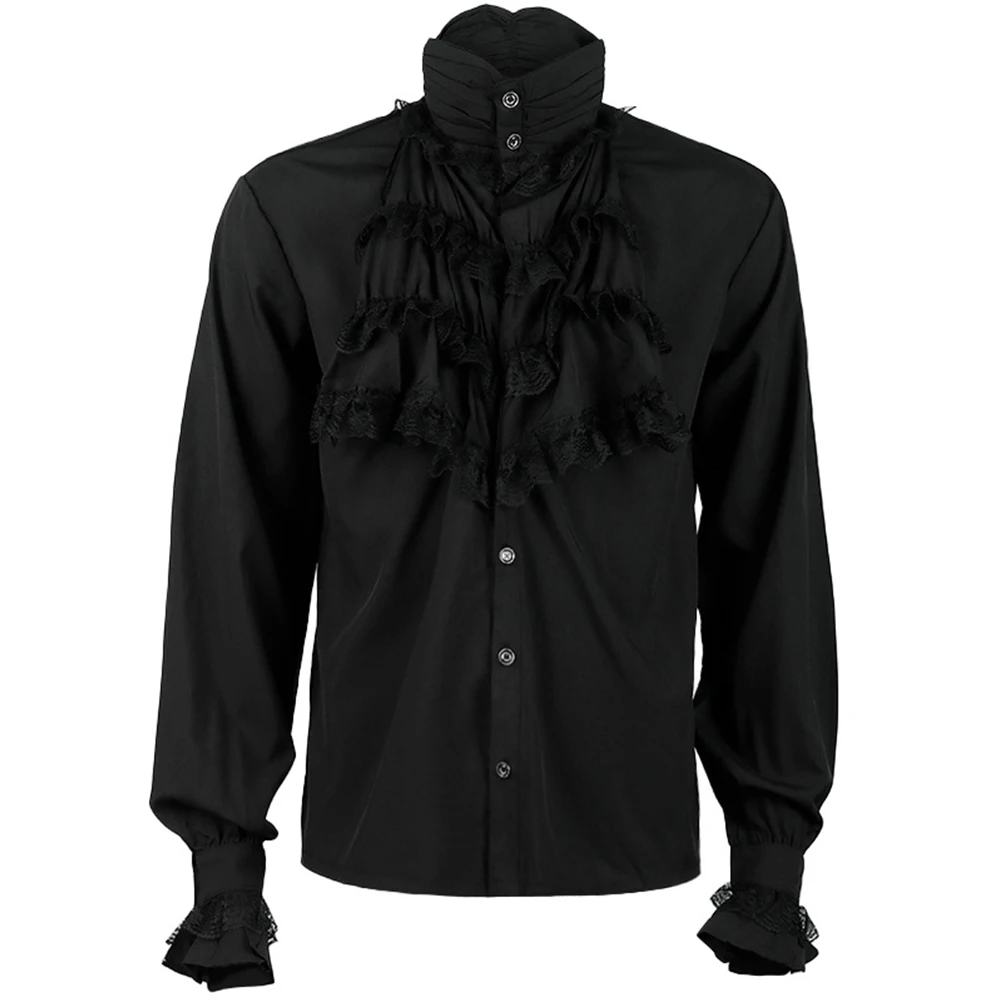 New Men's Stand Collar Shirts Vintage Vampire Victorian Renaissance Gothic Ruffled Medieval Shirt And Blouse Tops Men Clothes