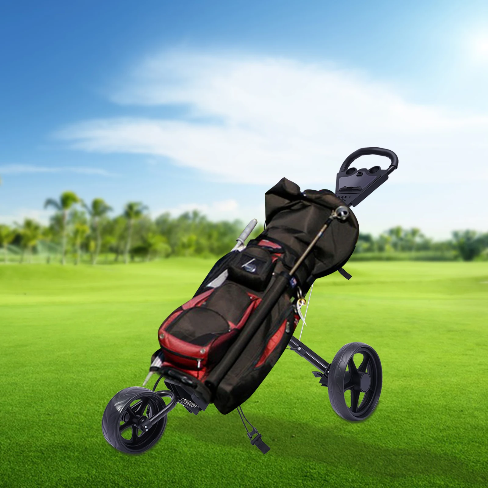 Foldable Golf Push Cart 3 Wheel Golf Walking Push Roller Trolley Bag with Scorecard Drink Holder Adjustable Straps