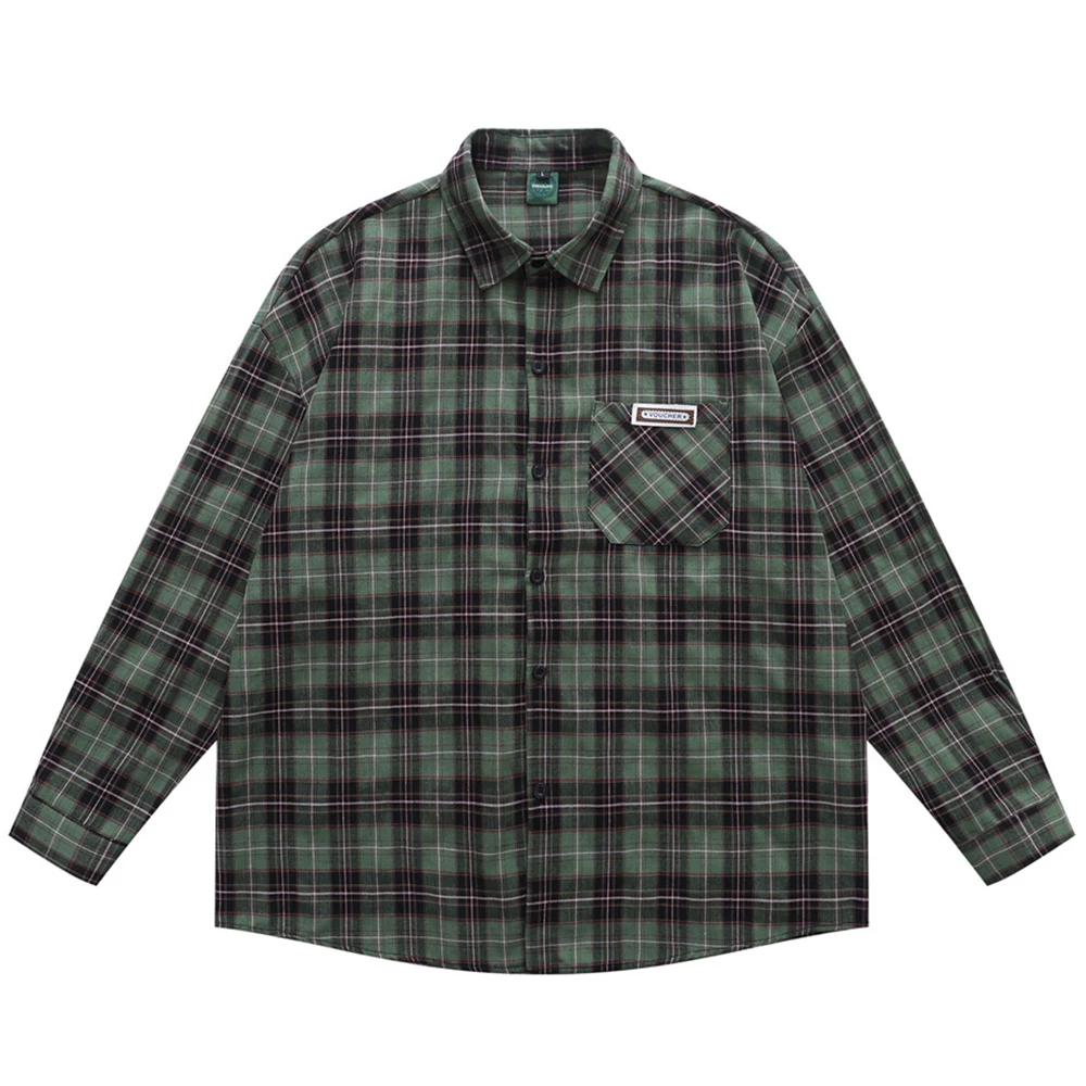 

Green Plaid Casual Long Sleeved Shirts Men Autumn Turn-down Collar Men's Shirt Long Sleeve Cotton Shirts