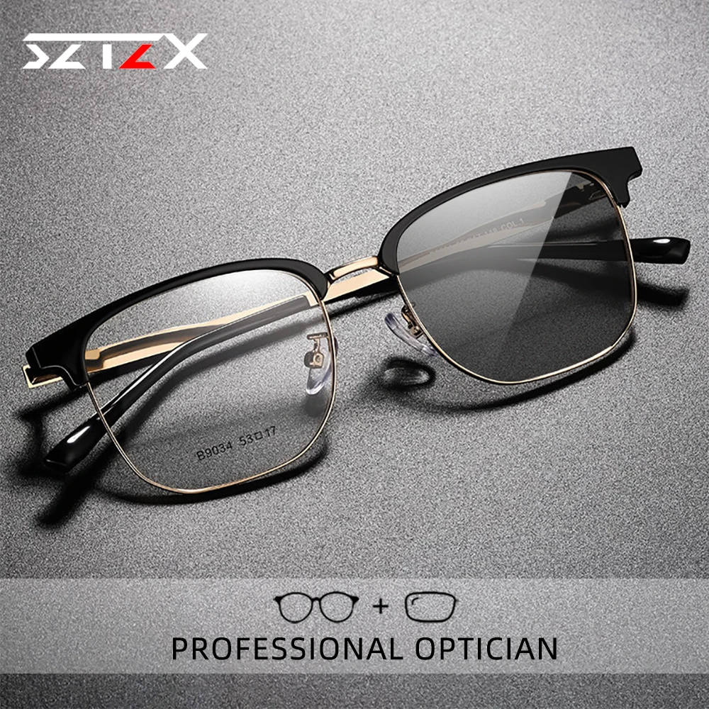 

SZTZX Men Luxury Business Photochromic Reading Glasses Anti Blue Light Myopia Hyperopia Prescription Optical Eyeglasses Frame