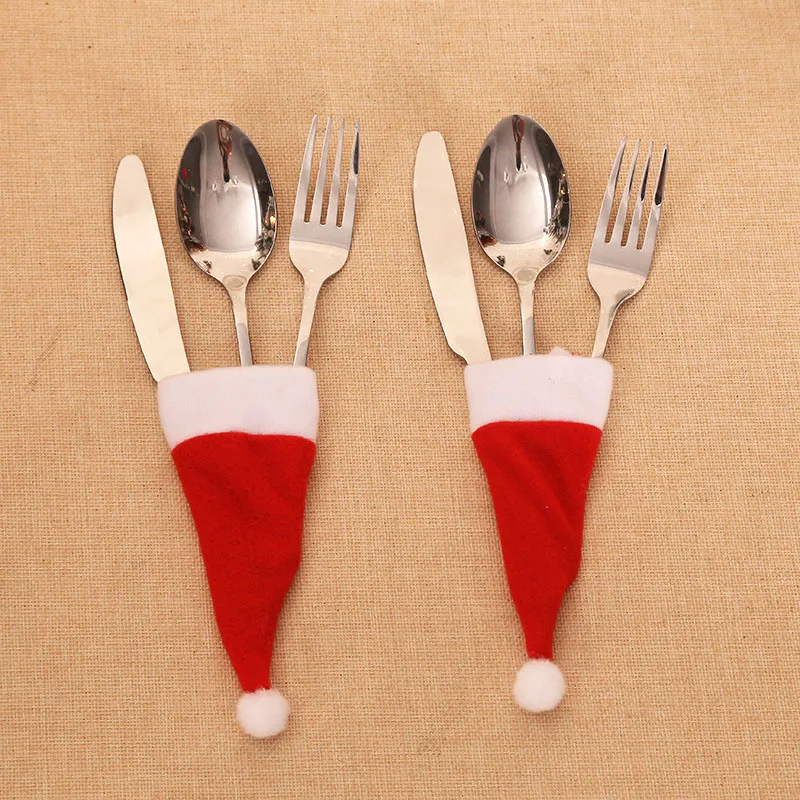 Christmas Decoration Tableware Holder Bag Christmas Hat Fork Knife Cutlery Bag Xmas Home Kitchen Decor Ornament Navidad New Year
