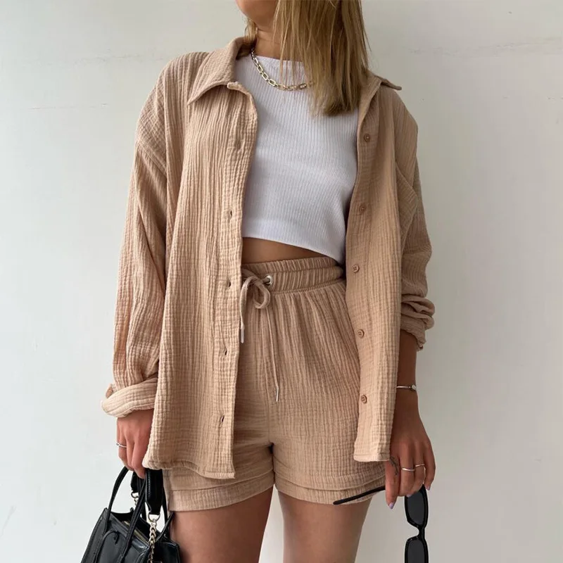 

Summer 2023 Long Sleeve Shirt Tops And Mini Drawstring Shorts Suit Lounge Wear Two Piece Set Women Casual Tracksuit Shorts Set