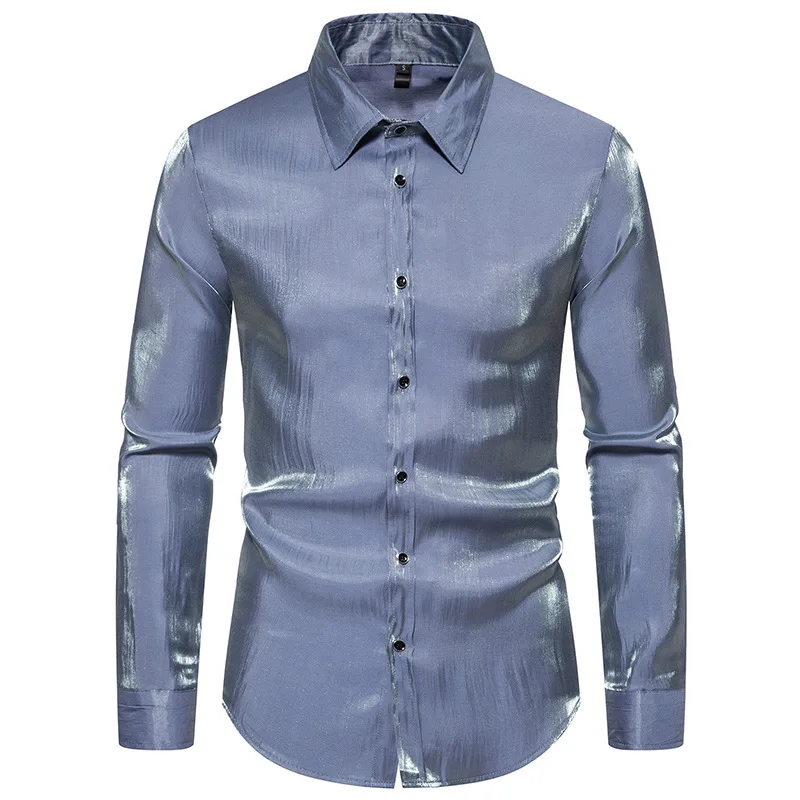Mens Blue Silk Satin Dress Shirt Party Wedding Nightclub Shiny Emulation Silk Tuxedo Shirts Long Sleeve Solid Color Casual Shirt