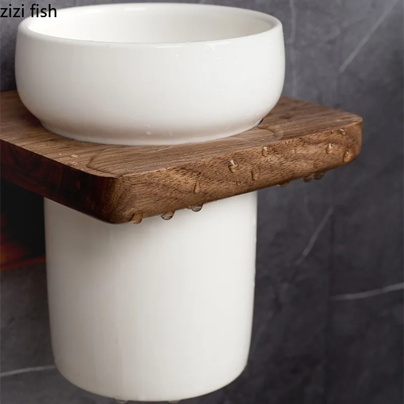 Bathroom Toilet Brush Set Wood Brushes Ceramic Base Wall Mounted No Punch Cleaning Brush Holders Bathroom Accessories