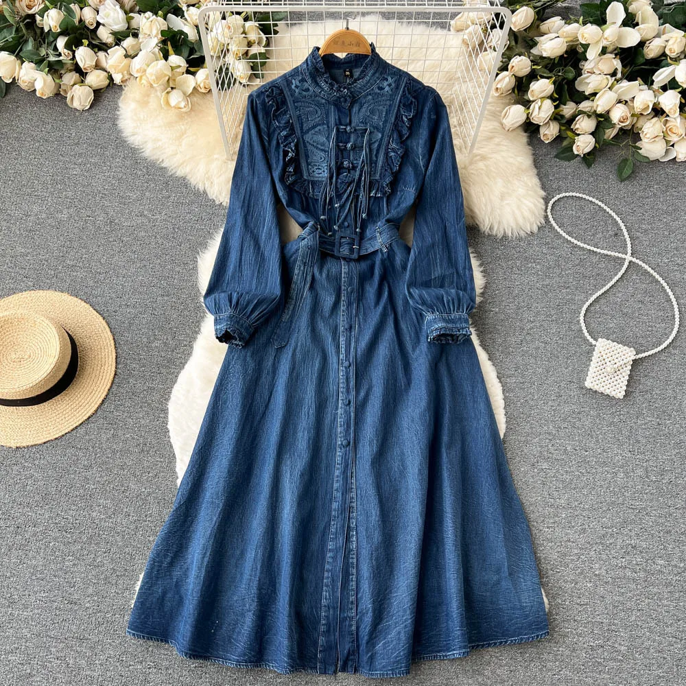 

Vintage Long Sleeve O-neck Ruffles Boho Vestidos Cotton Floral Embroidery Autumn Dress Blue Denim Dresses for Women Robe