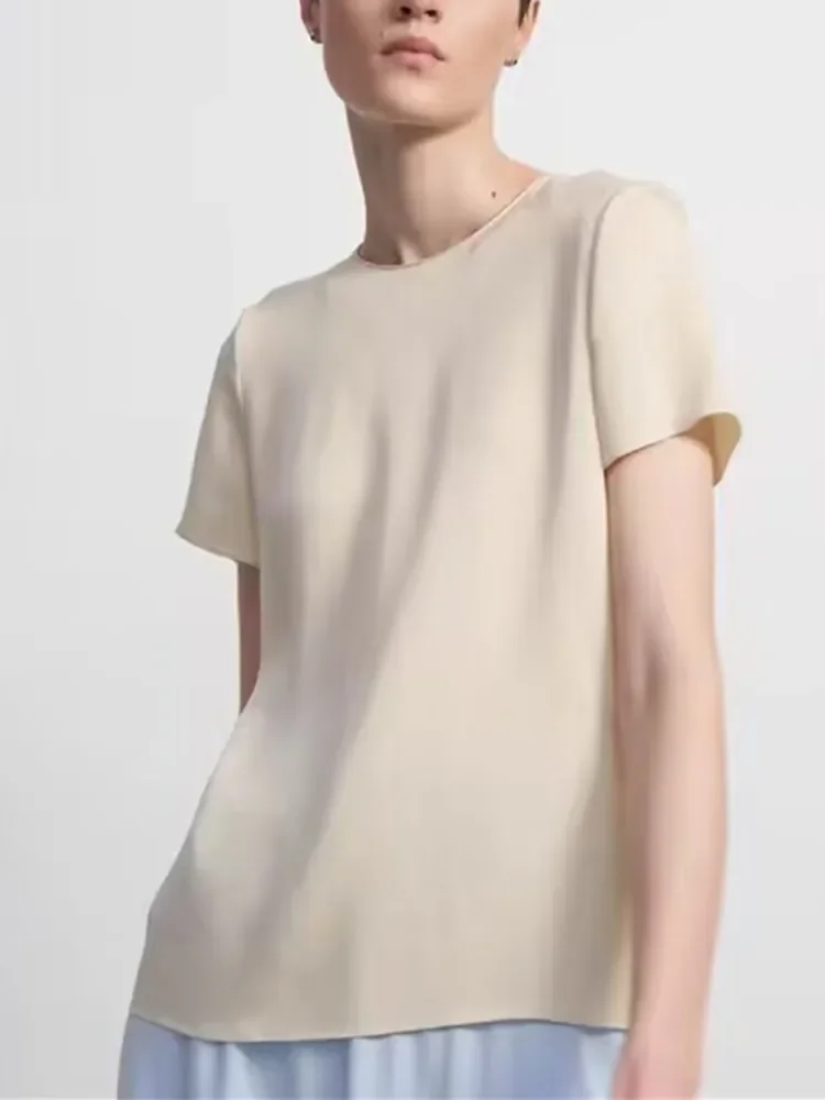 

Women's Silk Blouse Simple Casual Summer O-neck Short Sleeve Shirt