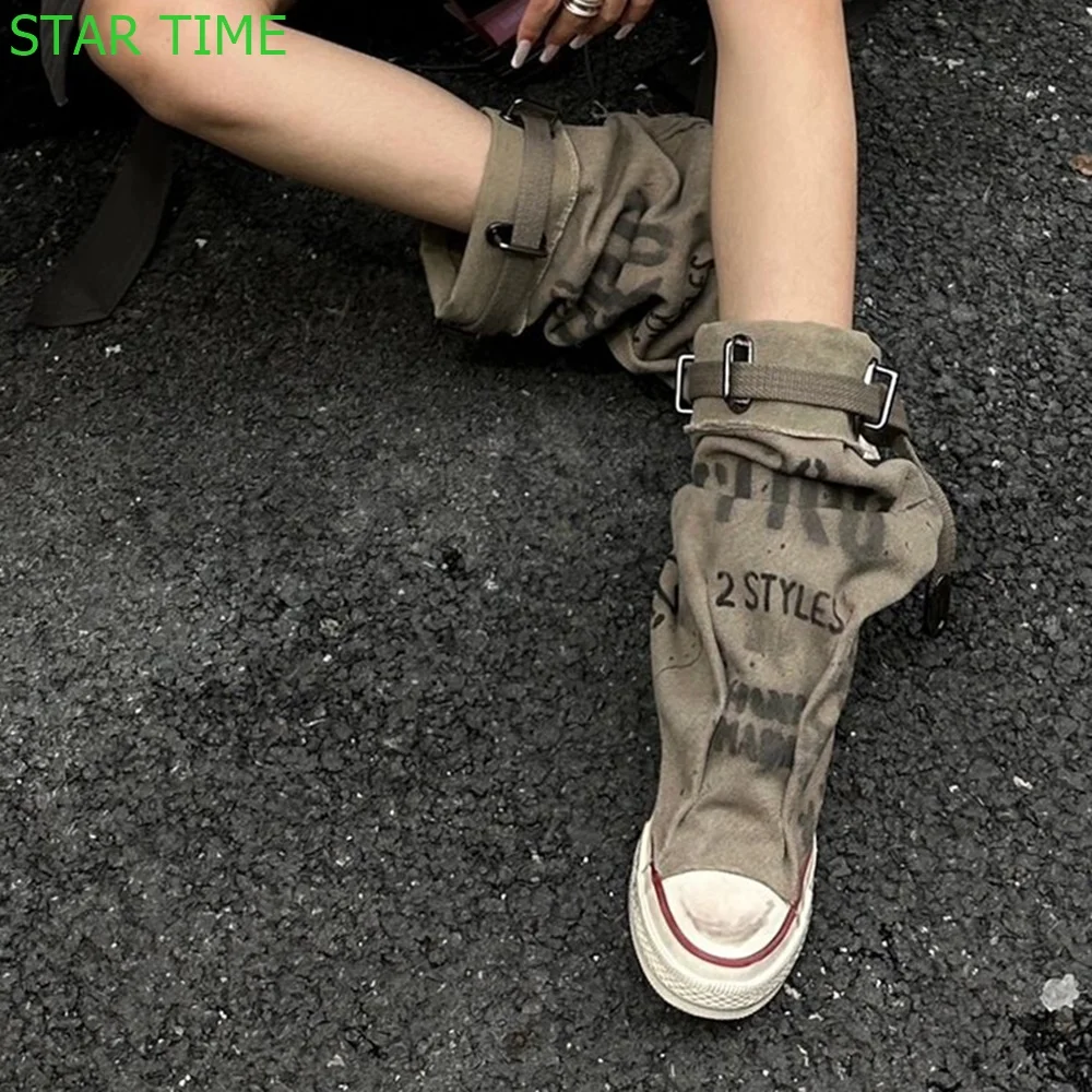 Denim Round Toe Casual Ankle Boots  2024 Spring Belt Buckle Street Style Sports Shoes Khaki Fashion Women Short Boots