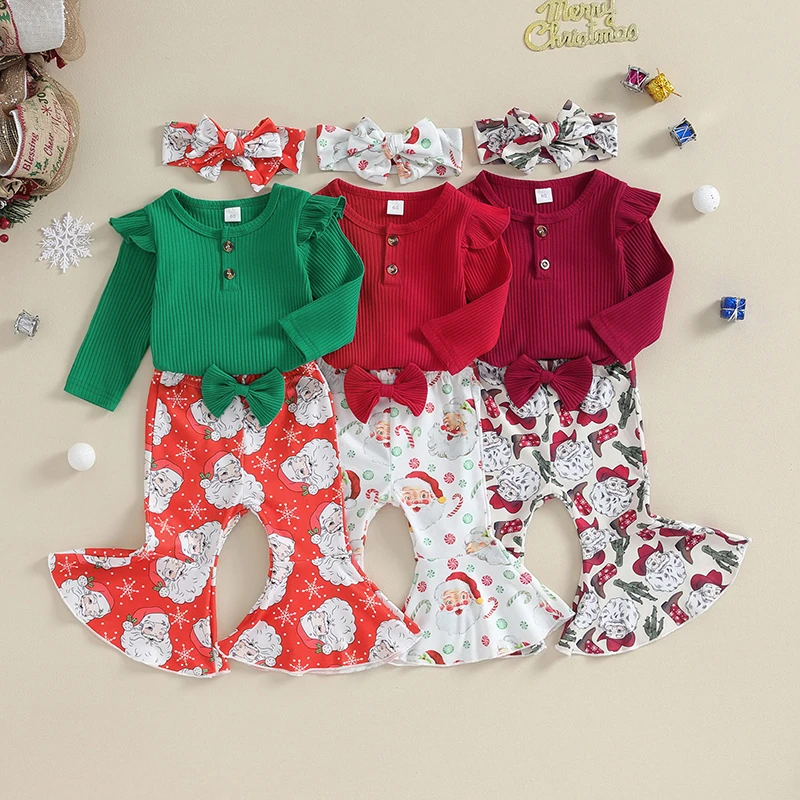 

0-18M Newborn Baby Girls Christmas Clothing Sets Ribbed Ruffles Long Sleeve Bodysuits+ Santa Print Flare Pants+Headwear Outfits