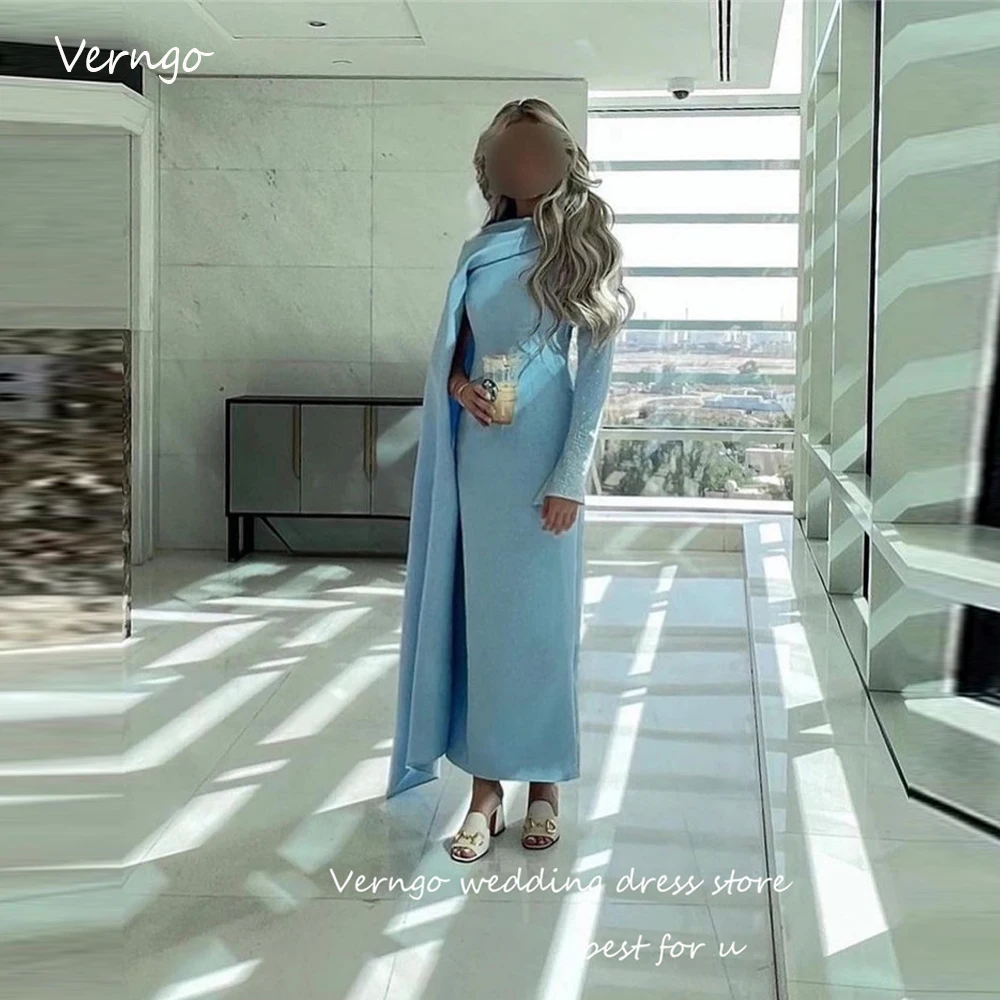 

Verngo Sky Blue Stretch Satin Saudi Arabic Evening Party Dresses Long Sleeves Sheath Ankle Length Prom Gowns Formal Event 2023