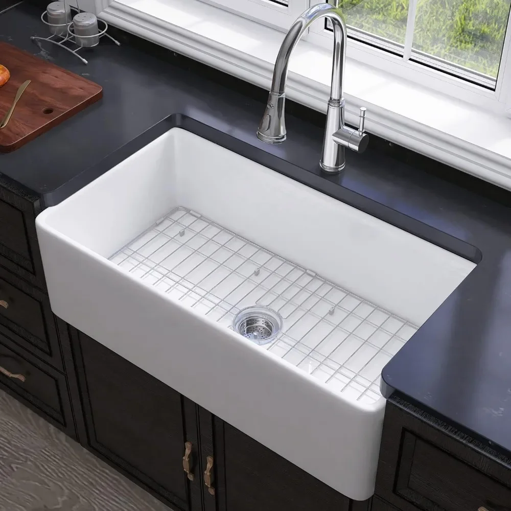 

33 Inch White Base Kitchen Sink, Single Bowl Material Fireclay with Accessories, Product Dimensions 18 "D X 33" W X 10 "H