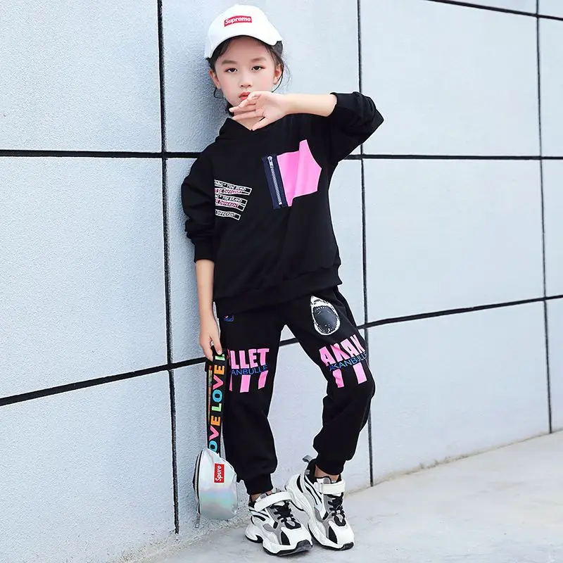 

2023 Girls' Sport Sets Hooded Sweatshirts Long Sleeve Top Causal Loose Pants Two Pieces Letter Printing Spring Korean 5-12 Yrs