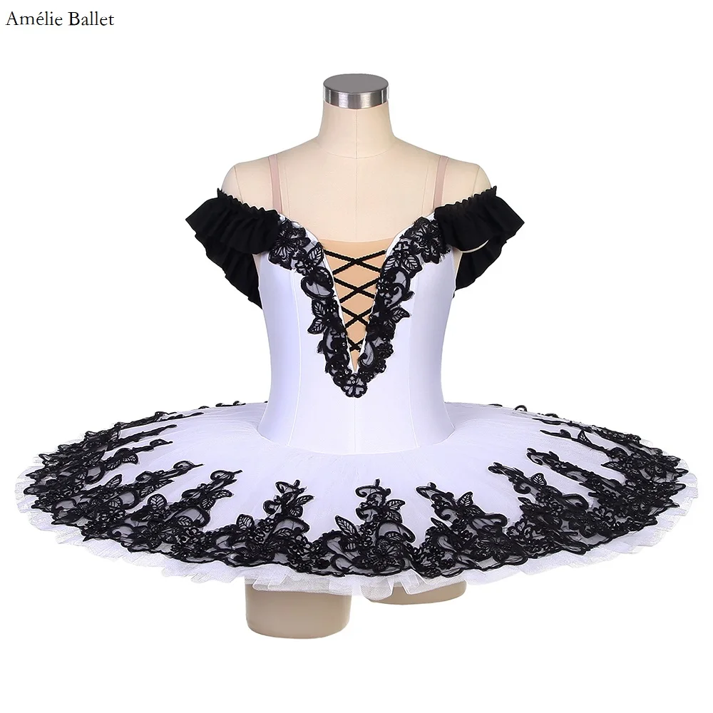 

BLL503 Off Shoulder White Spandex Bodice with Black Applique Decorated Pre-professional Ballet Tutu Girls&Women Perfofmance Tutu