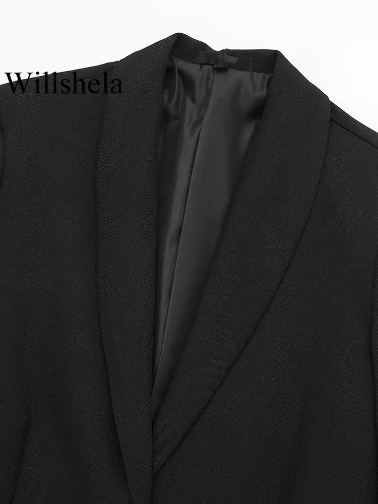 Willshela Women Fashion Satin Black With Feather Blazer Jacket Vintage Notched Neck Single Button Long Sleeves Female Outfits 3
