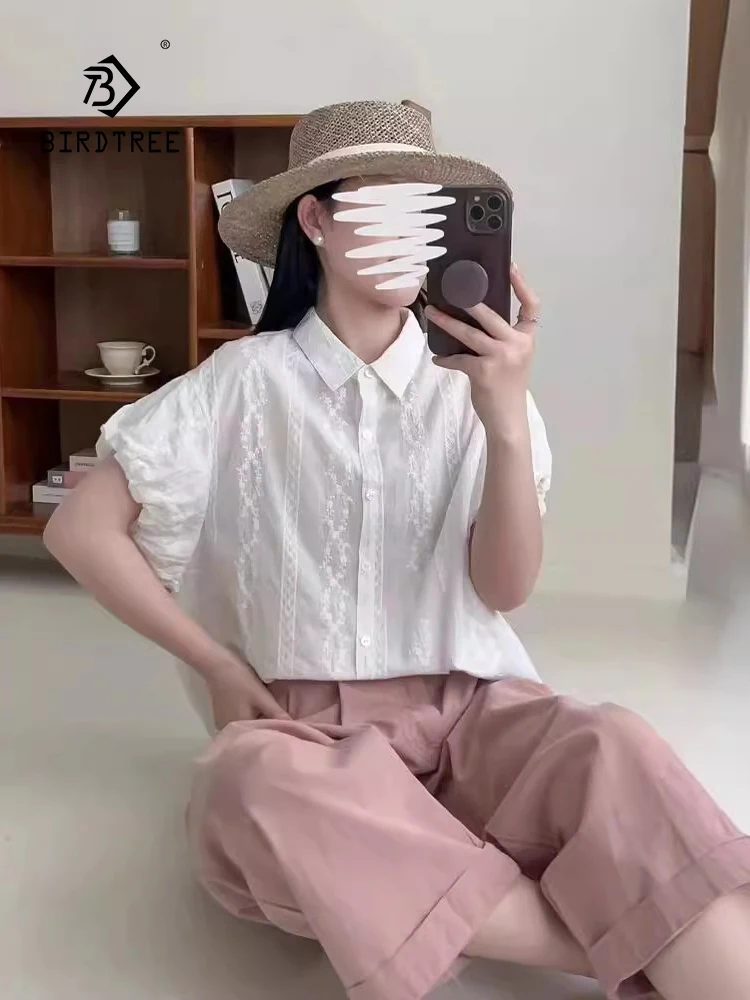 

Женская свободная рубашка с вышивкой, хлопковая блузка с отложным воротником и коротким рукавом, топ в офисном стиле, Литературная Повседневная Блузка для девушек, лето 2024, T45382QC