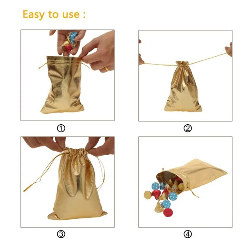 50pcs Gold Gift Drawstring Bags Pouches For Jewelry Organizers Favor Candy Bar Chocolate Package Small Businesses Supplies