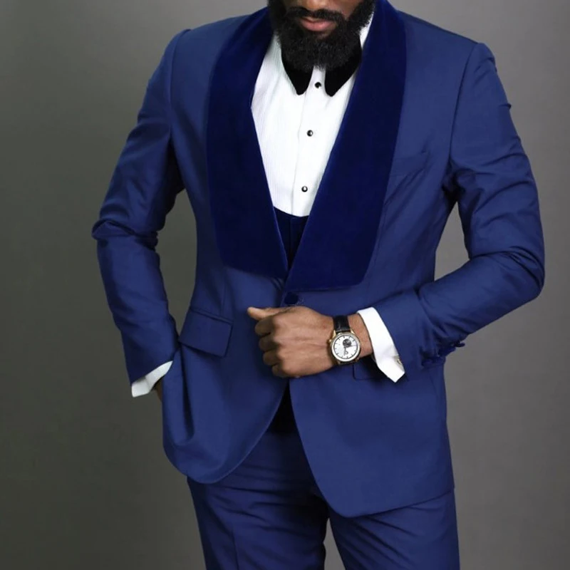 

Royal Blue Groom Tuxedos for Wedding with Velvet Shawl Lapel Slim Fit Formal Men Suits 3 Pieces Jacket Vest Pant African Fashion